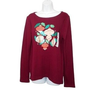 Croft Barrow Top S Red Long Sleeve Christmas Ornament Embellished Graphic Tee